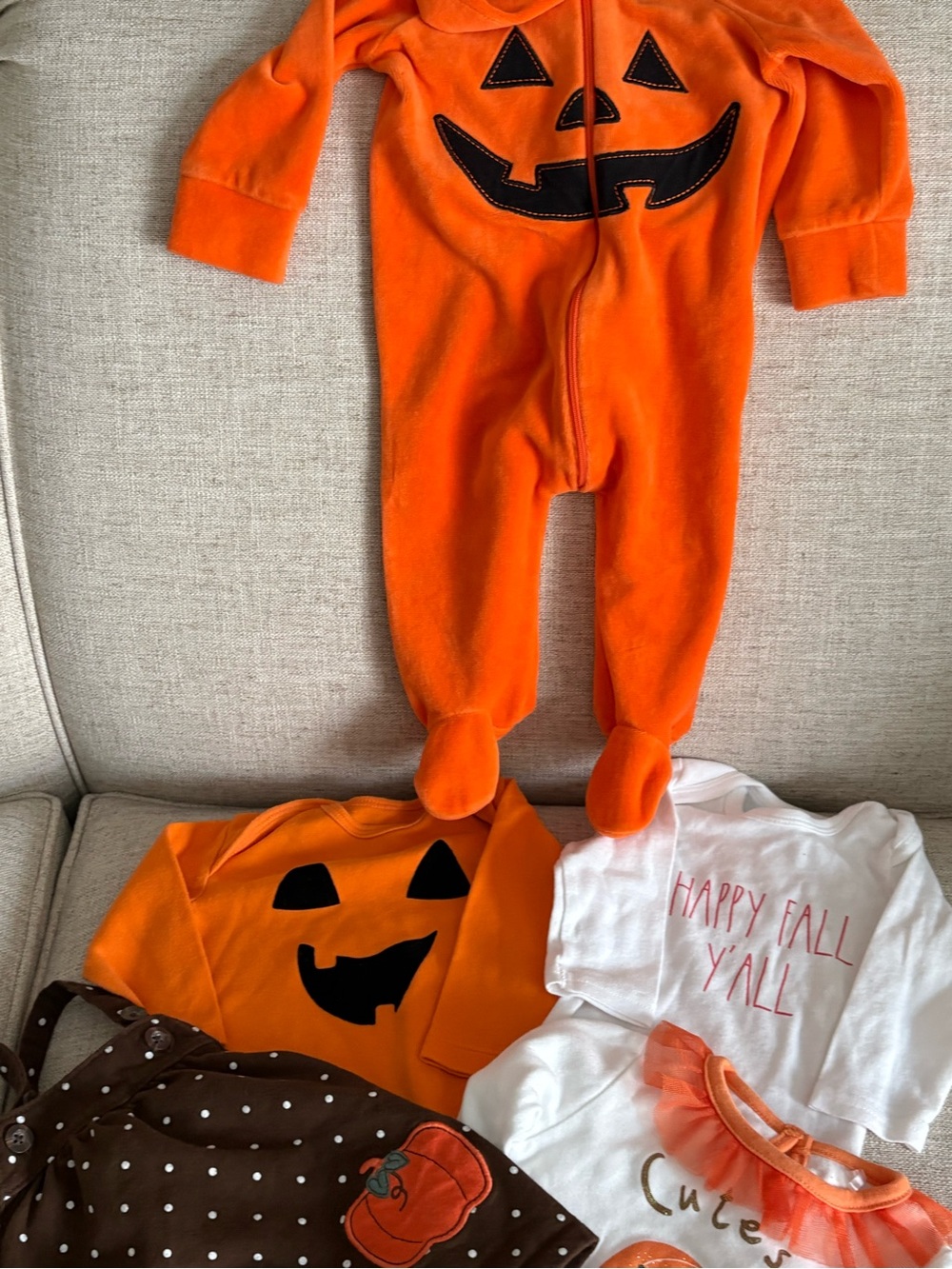 6-9 M Fall Pumpkin Footed One-Piece Zip , 3 one piece snap Shirts, Brown Jumper